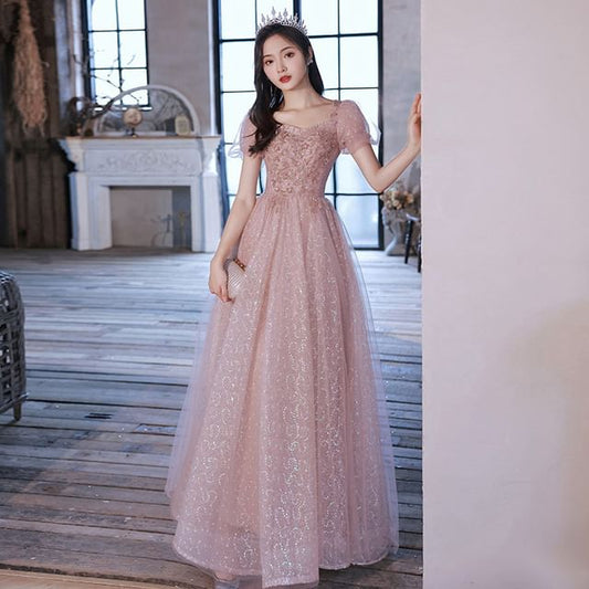 Gown (Various Puff-Sleeve A-Line Designs) Sequined Square-Neck Evening Floral