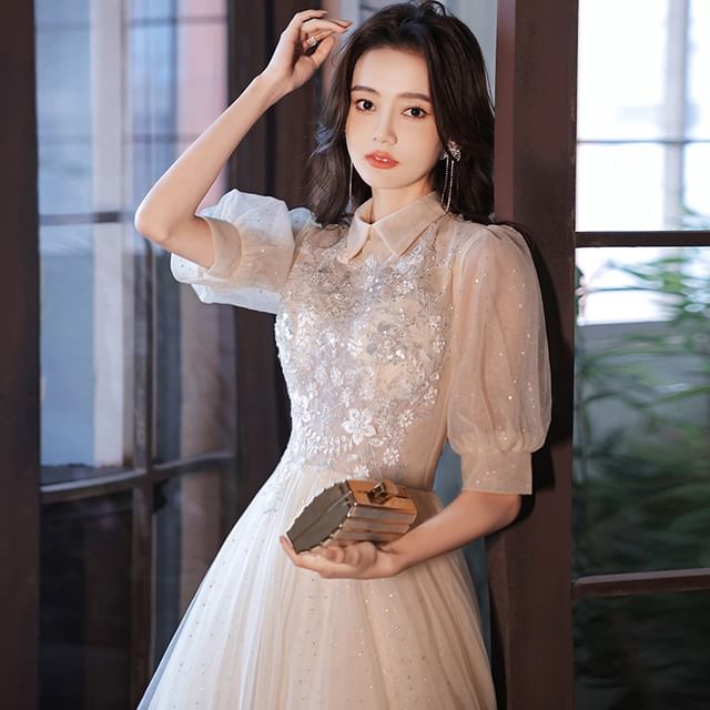 A-Line Square-Neck Evening (Various Puff-Sleeve Floral Sequined Designs) Gown