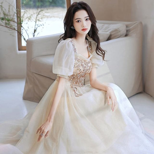 (Various Gown Designs) Square-Neck Floral A-Line Sequined Evening Puff-Sleeve