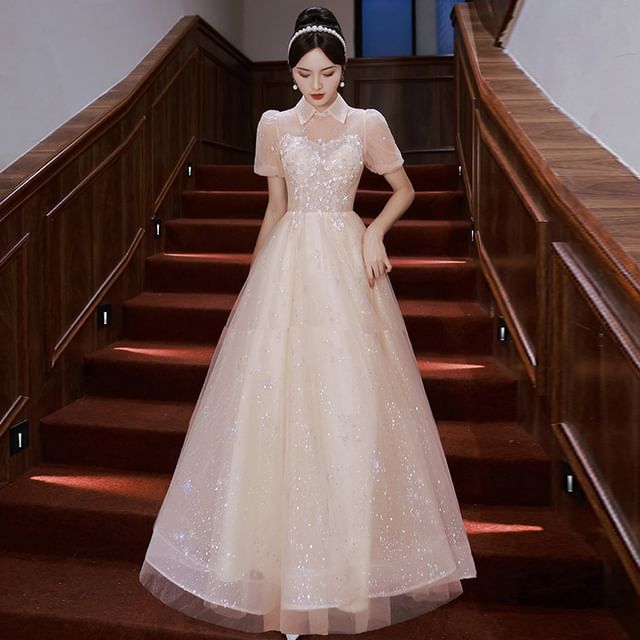 Designs) Puff-Sleeve Evening Gown A-Line (Various Floral Square-Neck Sequined