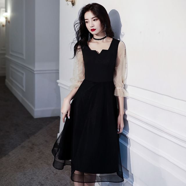 / Gown A-Line Pearl Square-Neck Cocktail Puff-Sleeve Mesh Paneled Evening Faux Dress