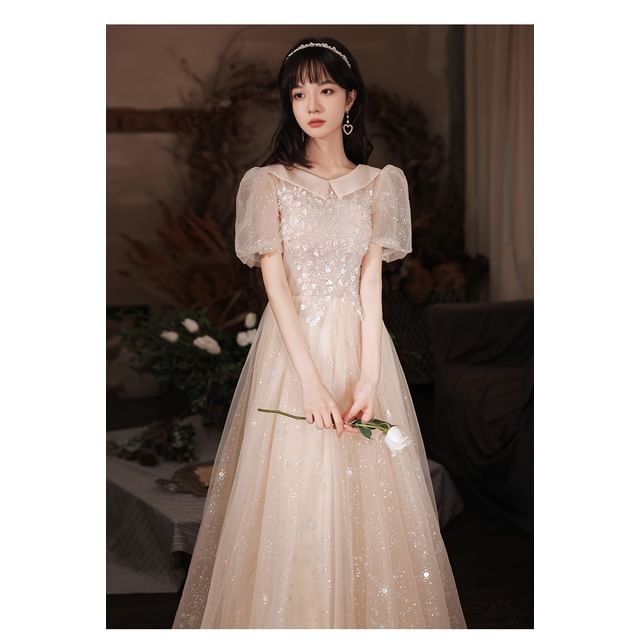 Evening Designs) Gown (Various Puff-Sleeve Floral Sequined Square-Neck A-Line
