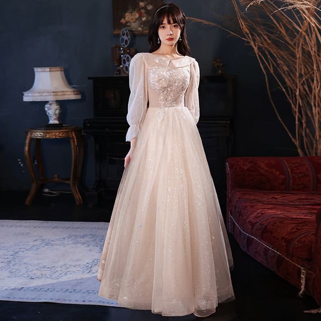 Sequined Evening Square-Neck A-Line Puff-Sleeve Floral Designs) (Various Gown
