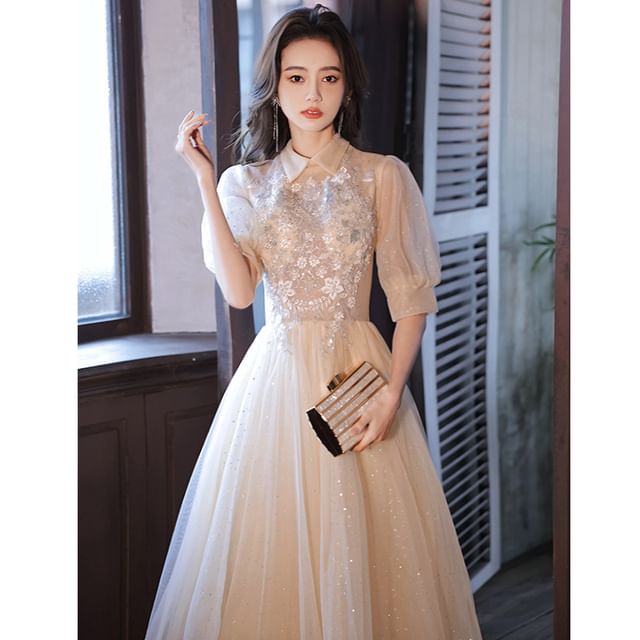 A-Line Square-Neck Evening (Various Puff-Sleeve Floral Sequined Designs) Gown