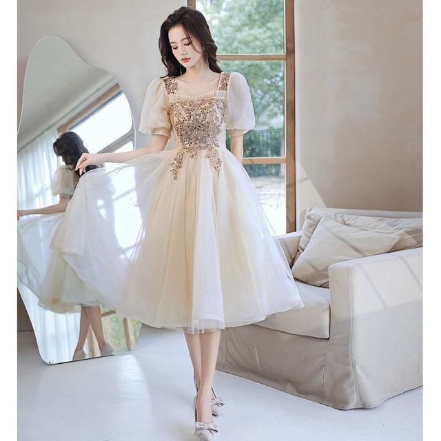 (Various Gown Designs) Square-Neck Floral A-Line Sequined Evening Puff-Sleeve