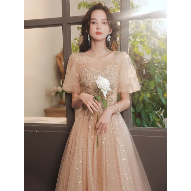 Floral Designs) A-Line Gown Sequined (Various Puff-Sleeve Evening Square-Neck