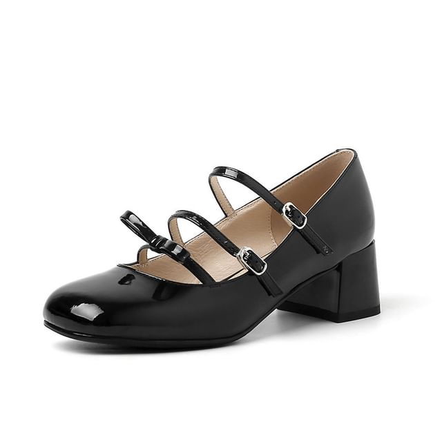 Strappy Jane Mary Bow Chunky Heel Pumps