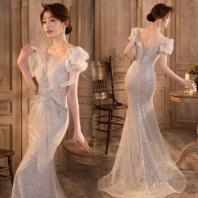 Puff-Sleeve Mesh Sequin Gown Mermaid V-Neck Evening Panel