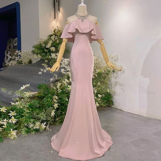Neck Evening Short-Sleeve Shoulder Gown Plain Accent Rhinestone Cold Halter Mermaid