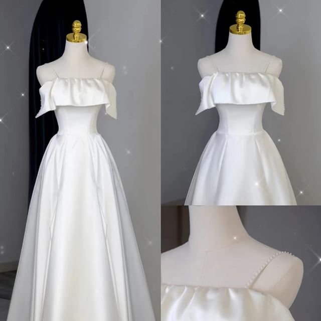 Gown Wedding Spaghetti Strap Ruffle Plain A-Line