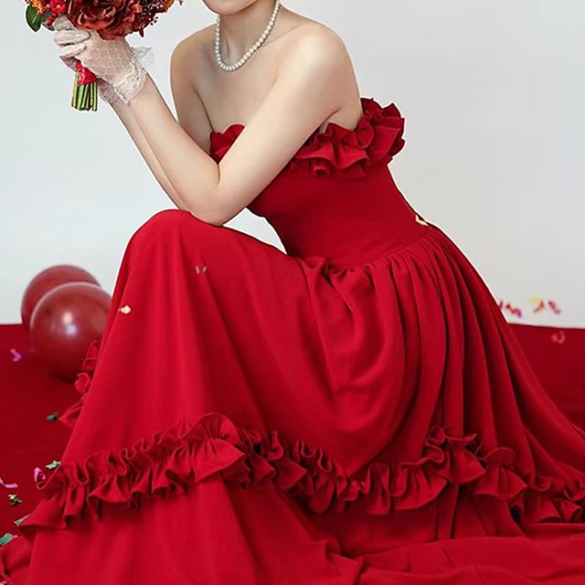 Trim Frill Strapless Evening A-Line Gown Plain