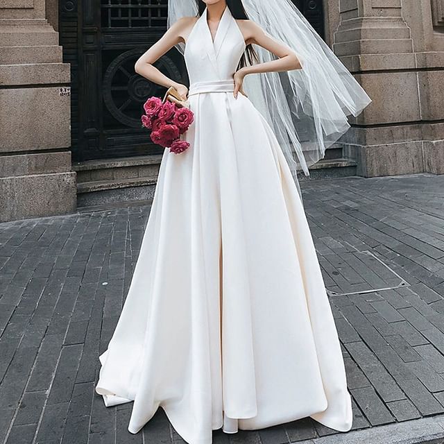 Plain Gown A-Line V-Neck Wedding Sleeveless