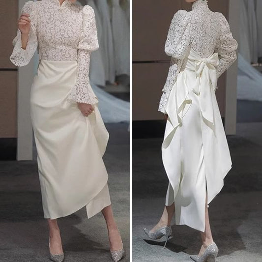 Lace Long-Sleeve Evening Sheath Gown Asymmetrical