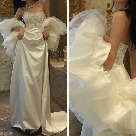 A-Line Lace Neck Trained Halter Evening Gown