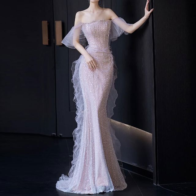 Off Shoulder Ruffle Trim Mermaid Evening Gown