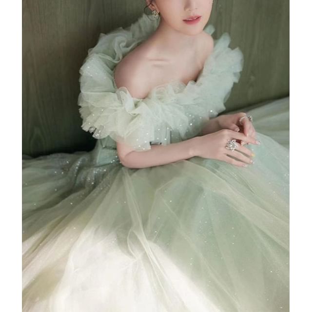 Ruffle A-Line Evening Shoulder Off Trim Gown