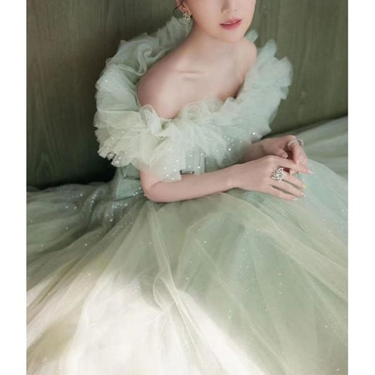 Ruffle A-Line Evening Shoulder Off Trim Gown