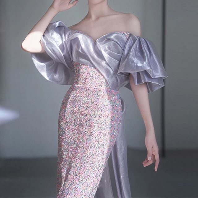 Gown Sequin Evening Mermaid Off-Shoulder