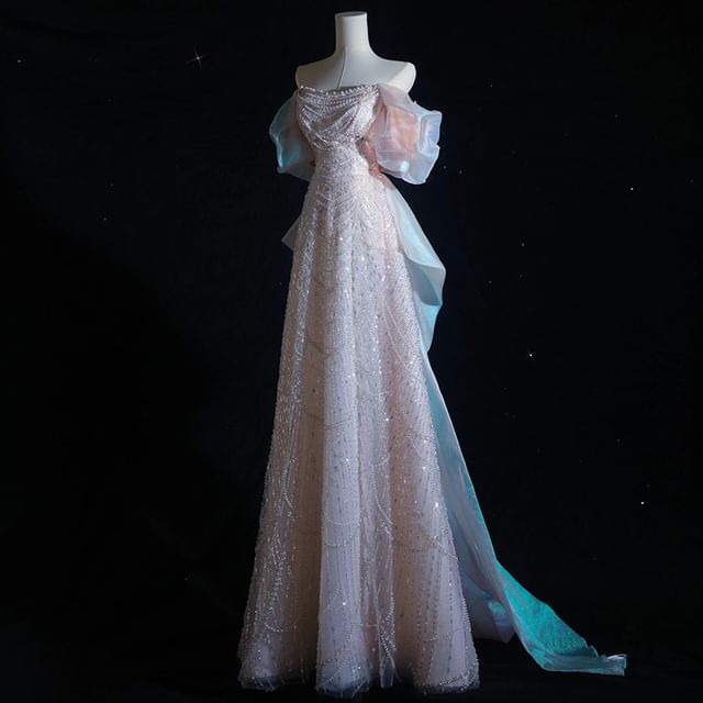 Off-Shoulder Sequin Beaded A-Line Evening Gown