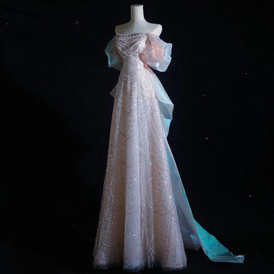 Off-Shoulder Sequin Beaded A-Line Evening Gown