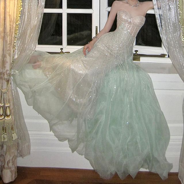 Strapless Evening Sequin A-Line Gown