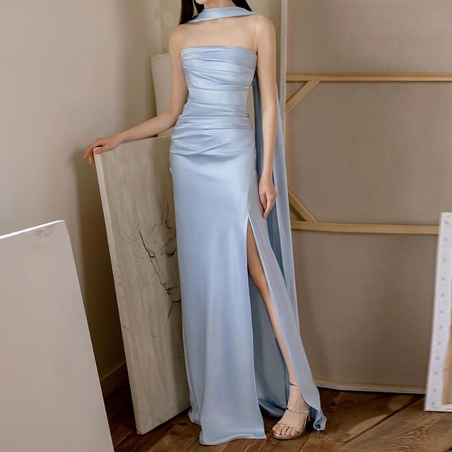 Sheath Evening Ruched Side-Slit Mesh Sleeveless Panel Gown Plain
