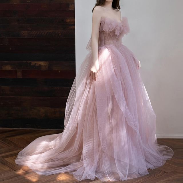 Strapless Mesh Gown A-Line Glitter Ball