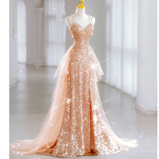 Mesh Panel Evening Strap Designs) (Various Sequin A-Line Spaghetti Gown