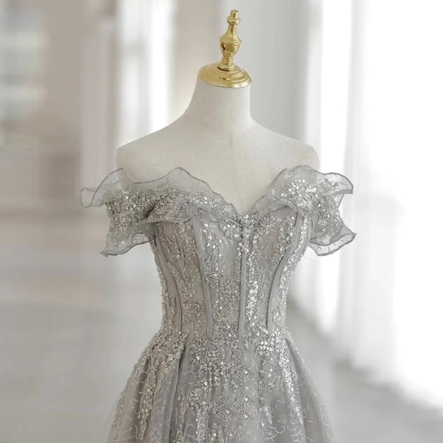 Gown Mesh Shoulder Short-Sleeve Off Sequin Evening A-Line