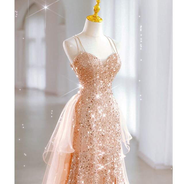 Mesh Panel Evening Strap Designs) (Various Sequin A-Line Spaghetti Gown