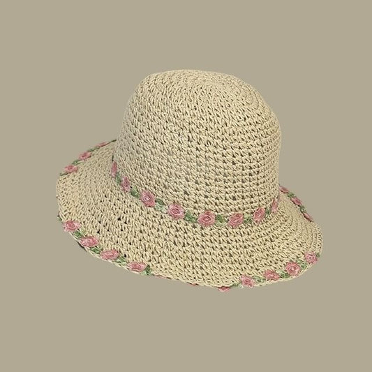 Floral Straw Hat Embroidered Sun