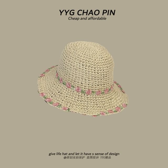 Floral Straw Hat Embroidered Sun