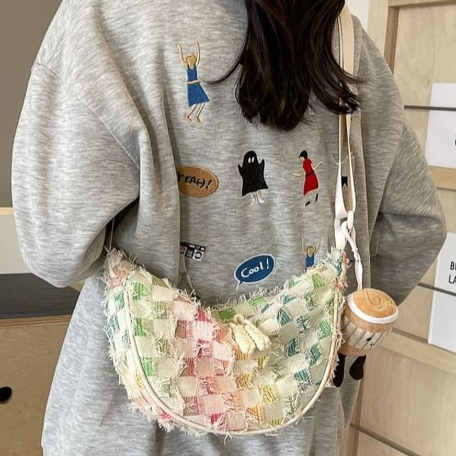 Patterned Fabric Crossbody Distressed Bag