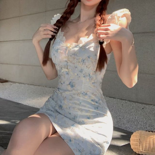 Floral Scoop Mini Neck Spaghetti Dress Strap Sheath