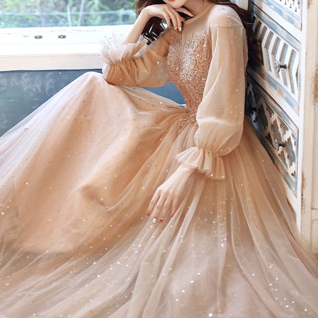 Sequin Evening Gown Long-Sleeve / Mesh Dress A-Line
