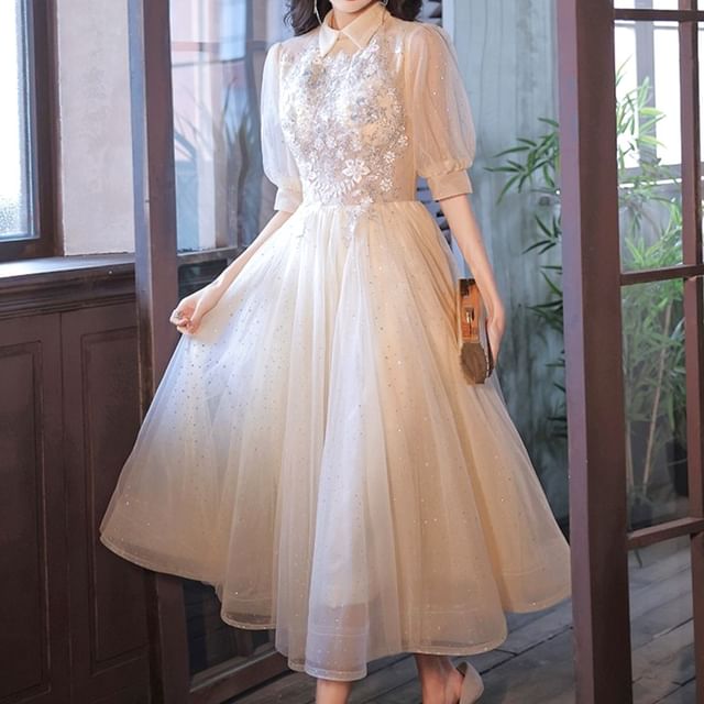 Mesh Gown Dress Floral A-Line Short-Sleeve / Evening