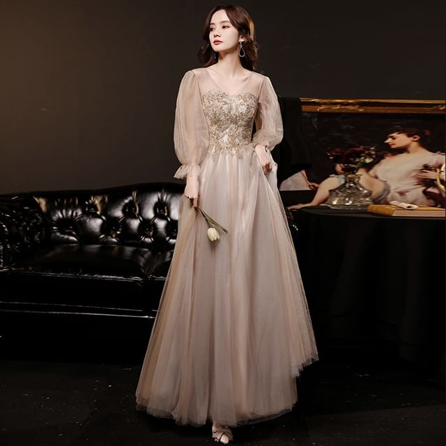 Long-Sleeve Evening Mesh A-Line V-Neck / Dress Gown
