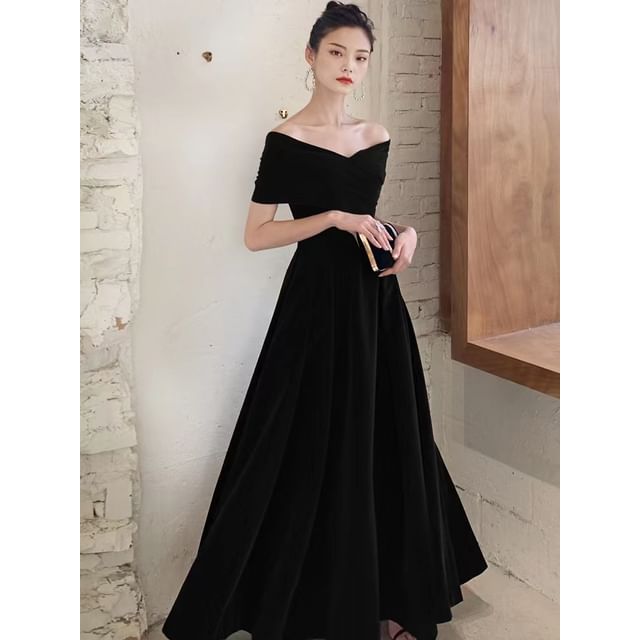 / Dress Plain V-Neck A-Line Gown Short-Sleeve Evening