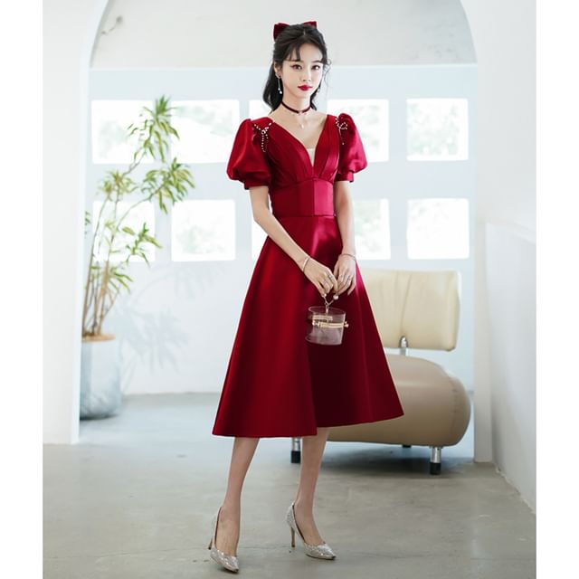 / V-Neck Short-Sleeve A-Line Dress Ribbon Beaded Evening Gown