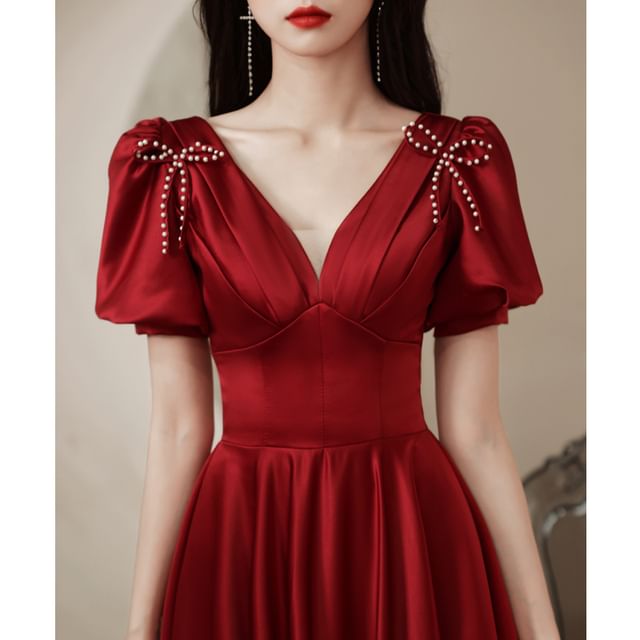 / V-Neck Short-Sleeve A-Line Dress Ribbon Beaded Evening Gown