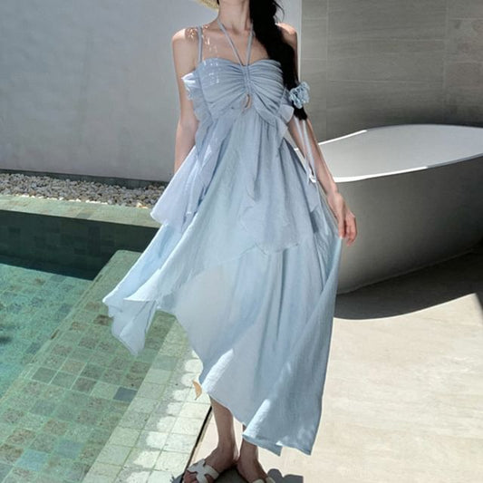 Strap Dress A-Line Asymmetrical Plain Midi Spaghetti