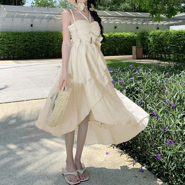 Strap Dress A-Line Asymmetrical Plain Midi Spaghetti