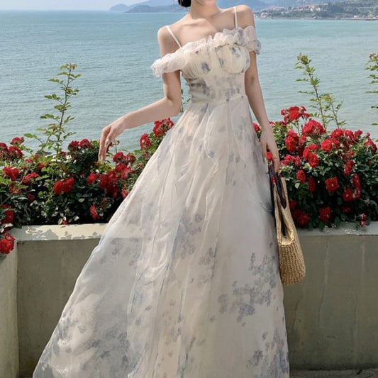 A-Line Shoulder Floral Maxi Ruffle Dress Ruched Trim Square Neck Cold Print