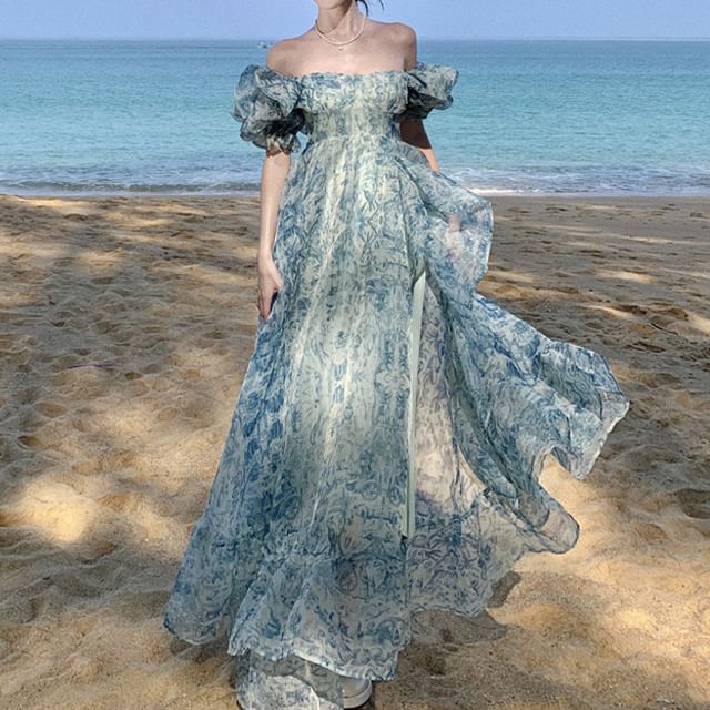 Ruffle Puff-Sleeve Slit Trim Dress Maxi Floral Off-Shoulder Print A-Line