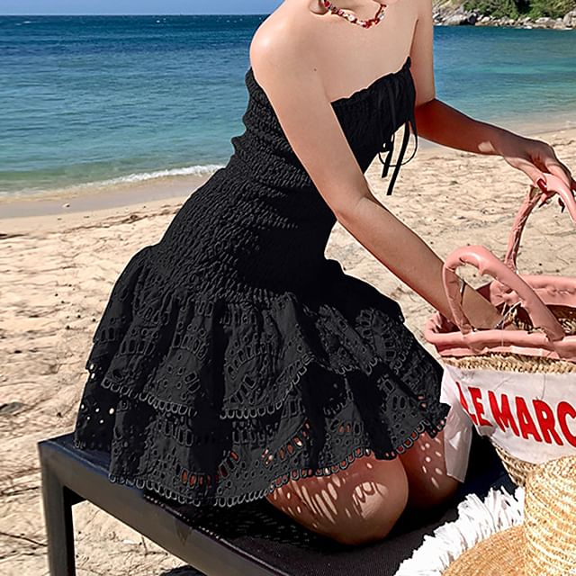 Mini Ruched A-Line Dress Embroidered Tube