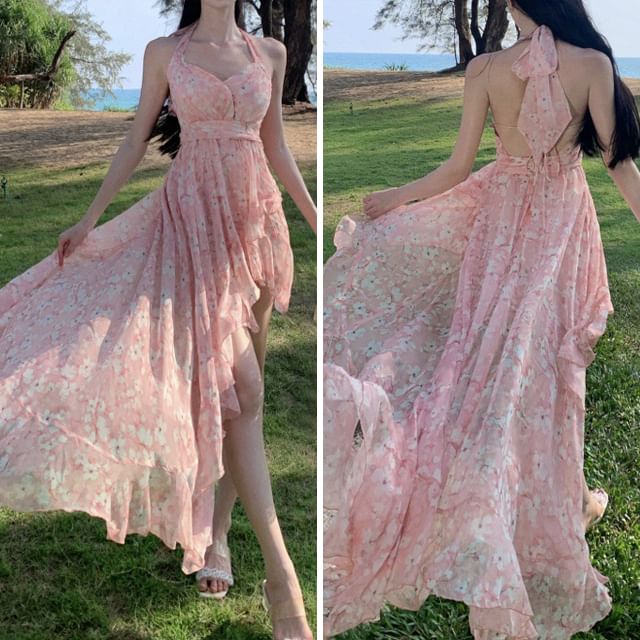 A-Line Back Ruched Floral Print Asymmetrical V-Neck Trim Ruffle Open Halter Dress