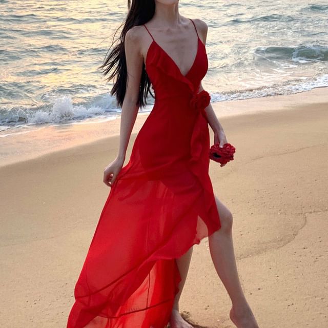 Spaghetti Open Ruffle Back Plunge A-Line Maxi Strap Dress Slit Trim Plain V-Neck