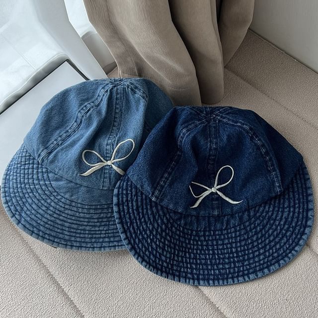 Washed Embroidered Denim Brim Bow Cap Wide