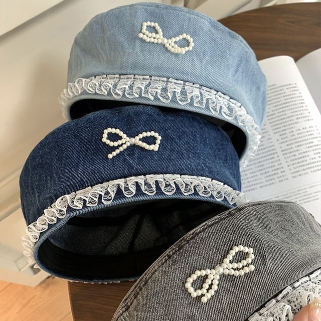 Trim Denim Faux Pearl Lace Beret Bow