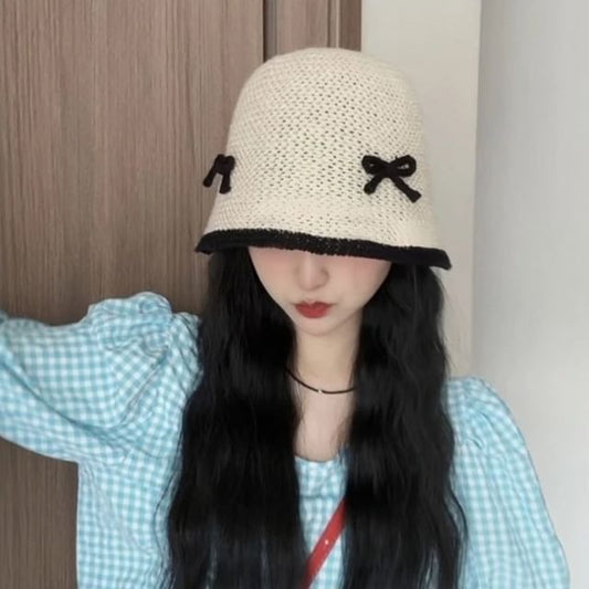 Knit Cloche Hat Bow Trim Contrast